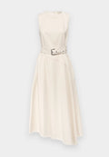 sleeveless midi dress with a round neckline, belted waist, and side pockets. 