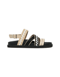 Black sandal with beige and white straps on a transparent background