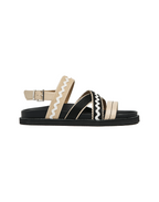 Black sandal with beige and white straps on a transparent background