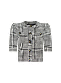 A black and white plaid tweed jacket with puff sleeves, a round neckline, and decorative gold-tone buttons, shown against a plain white background.