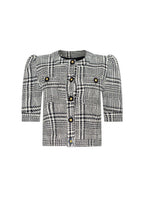 A black and white plaid tweed jacket with puff sleeves, a round neckline, and decorative gold-tone buttons, shown against a plain white background.