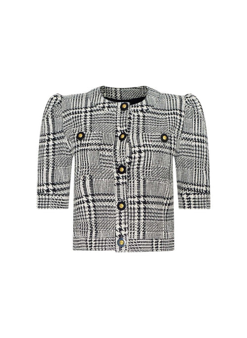A black and white plaid tweed jacket with puff sleeves, a round neckline, and decorative gold-tone buttons, shown against a plain white background.
