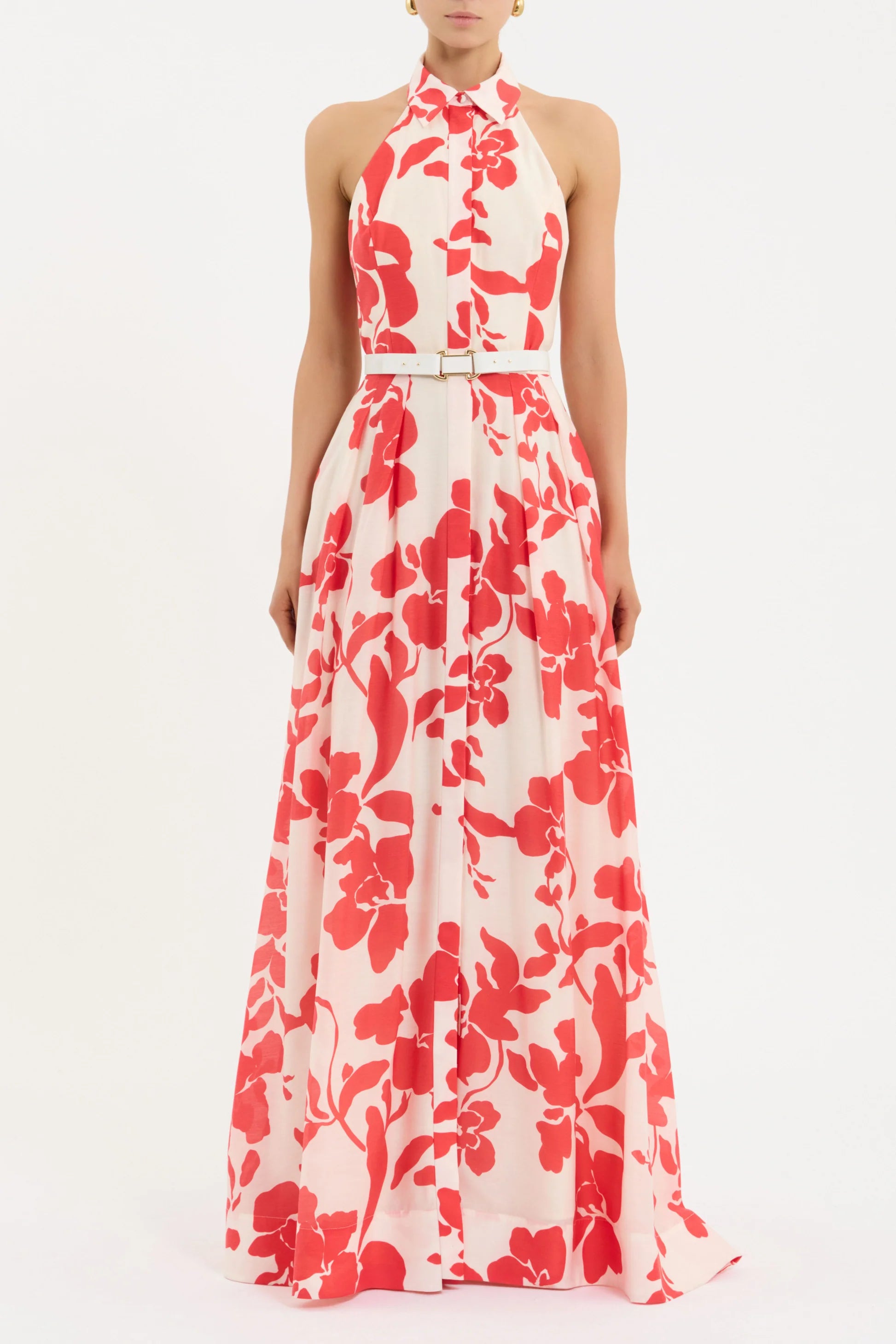 Red floral dress on a white background