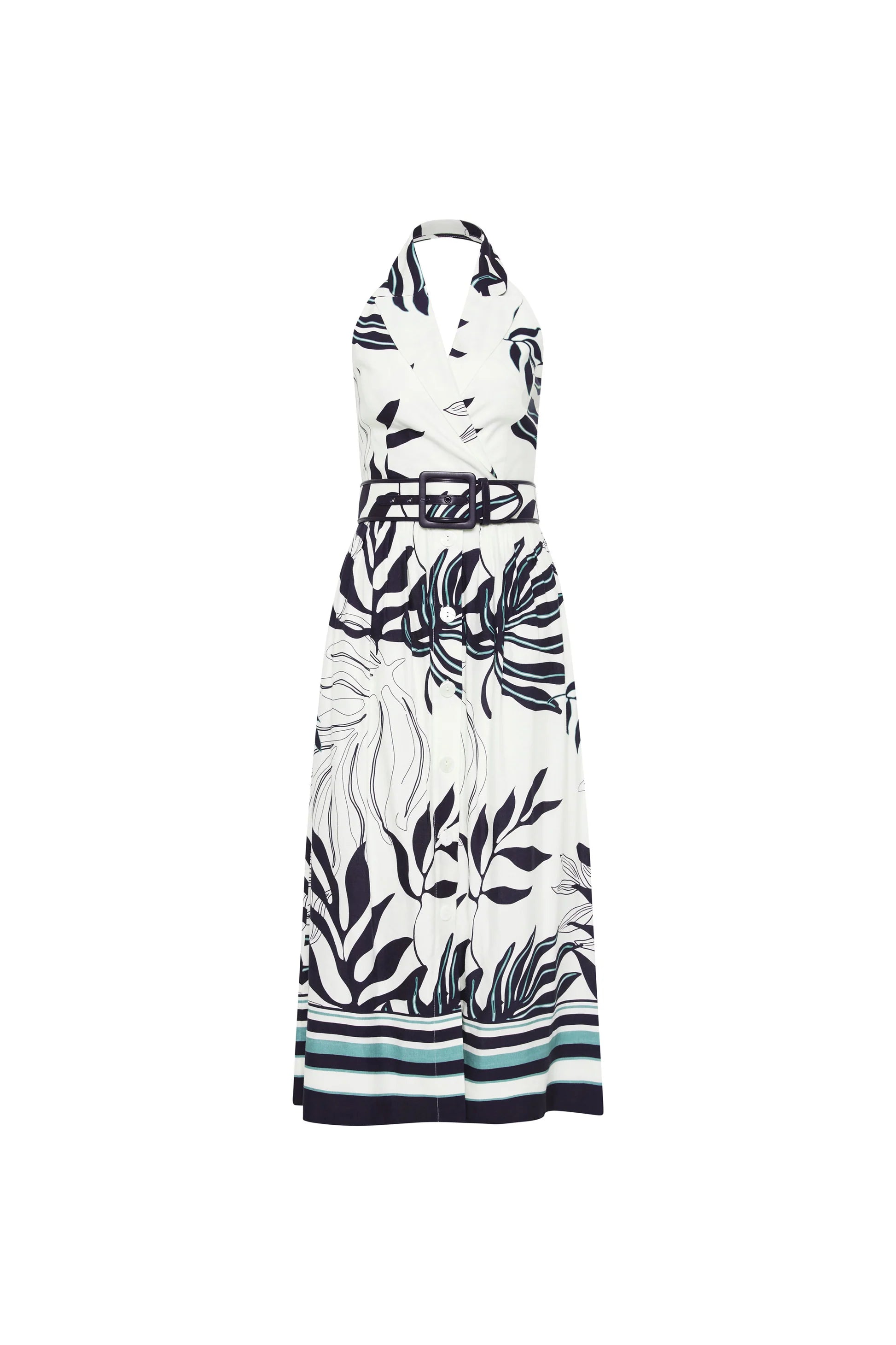 Rebecca valance aurerlia halter midi dress floral print in front of a white background strapless belted 