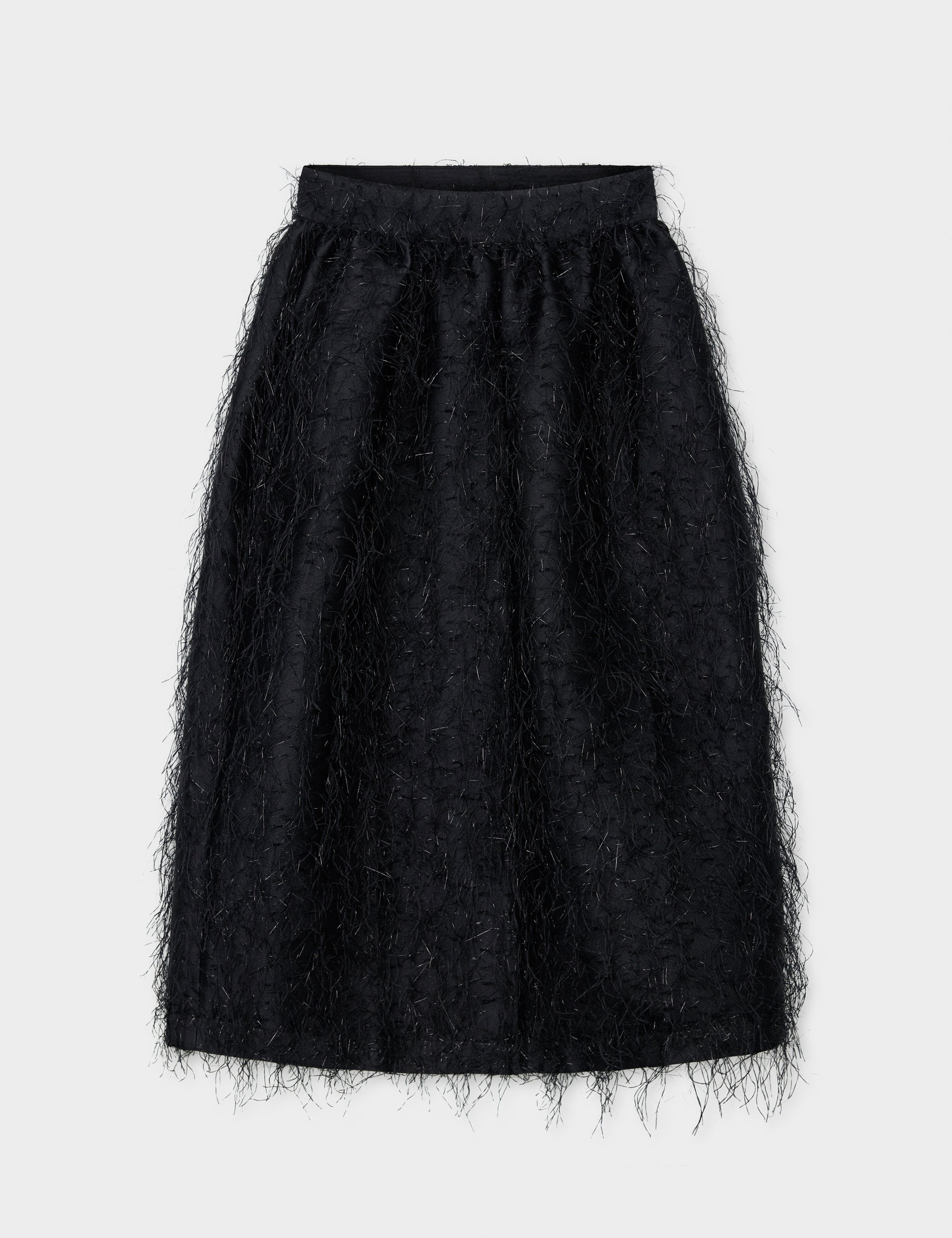 A midi-length, high-waist black balloon skirt with fringe detailing and a zip and hook closure at the back. The skirt has a regular fit and side pockets.