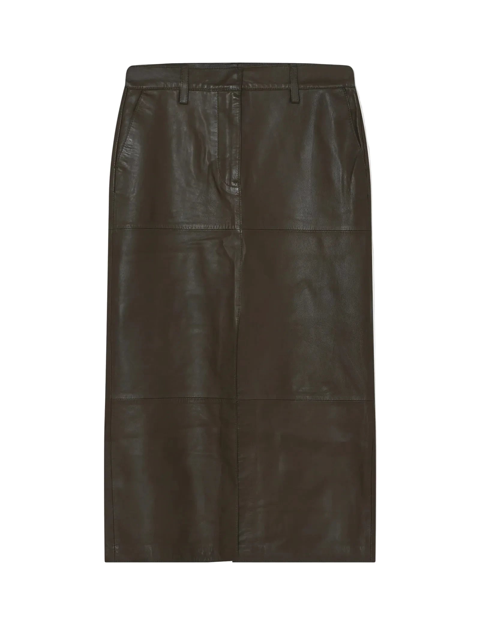 Dark brown leather skirt on a light gray background