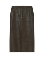 Dark brown leather skirt on a light gray background