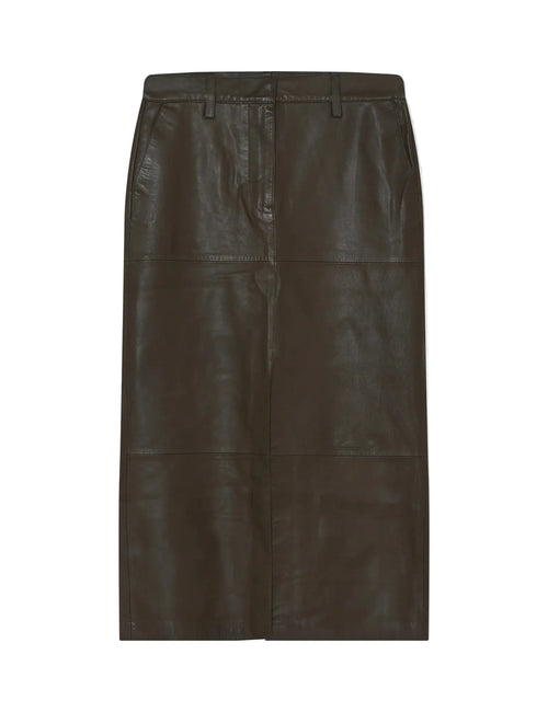 Dark brown leather skirt on a light gray background