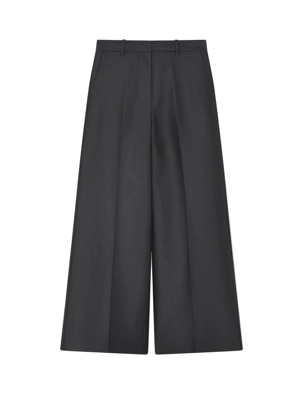 Black wide-leg pants on a light gray background
