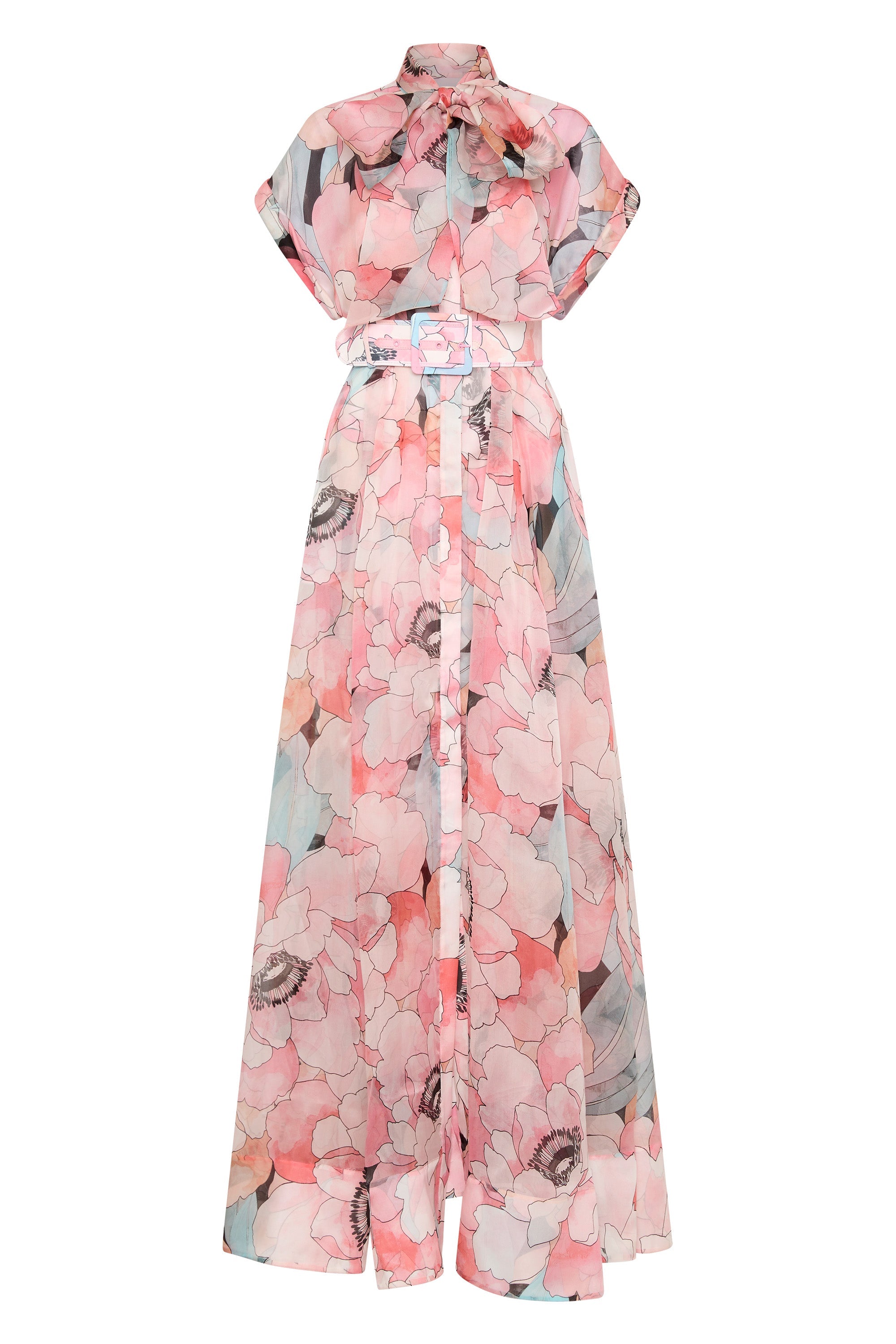  floral bridal bouquet gown with short sleeves, a pussy bow neck detail, and a full skirt 