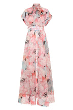  floral bridal bouquet gown with short sleeves, a pussy bow neck detail, and a full skirt 