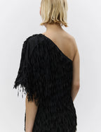 Black one-shoulder feathered dress worn by a person on a white background