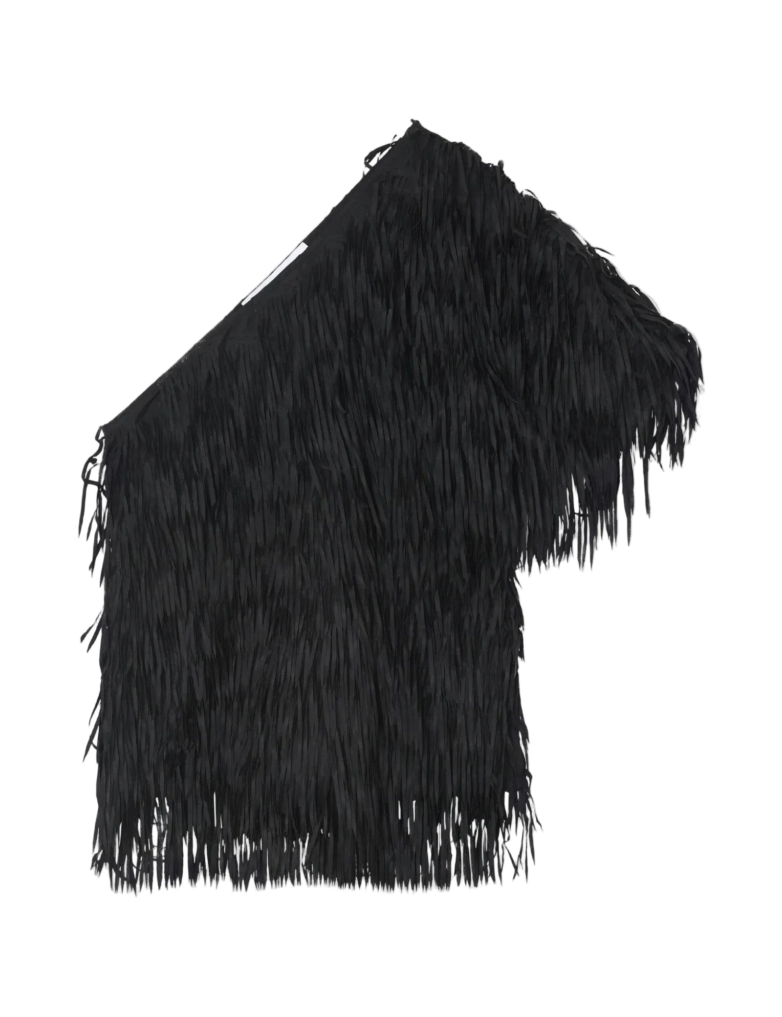 Black fringe garment on a light gray background