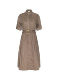 A taupe-brown utility shirt dress with a front zipper, collar, chest flap pockets, rolled sleeves, and a matching waist belt with a gold buckle, shown on a plain white background.