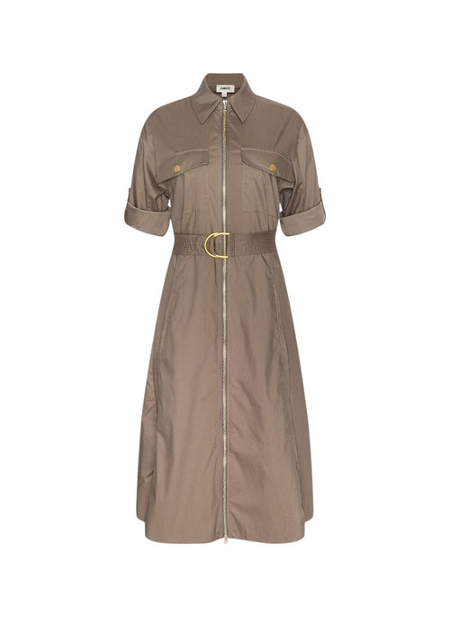 A taupe-brown utility shirt dress with a front zipper, collar, chest flap pockets, rolled sleeves, and a matching waist belt with a gold buckle, shown on a plain white background.