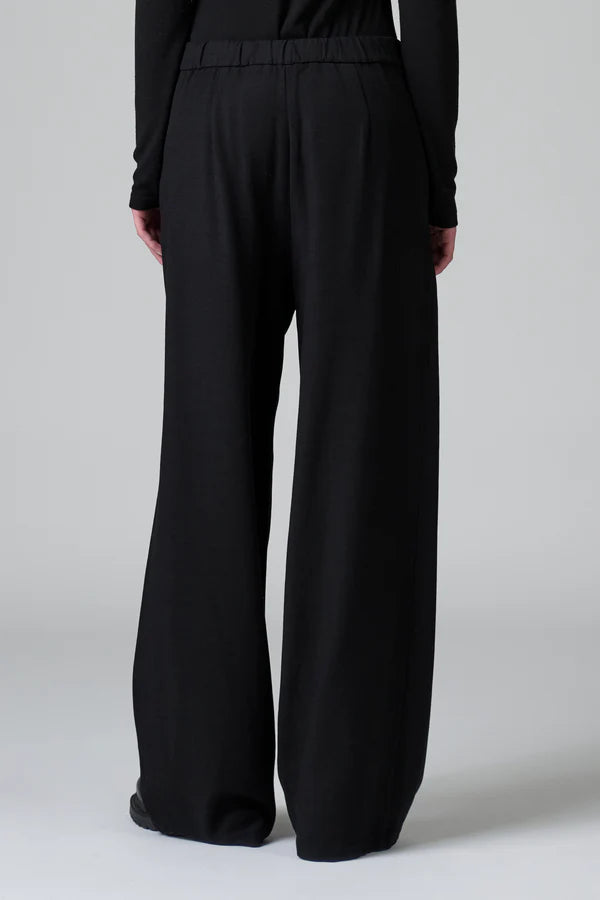Black wide-leg pants worn by a person on a white background