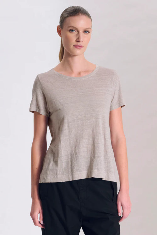 Linen jersey half-sleeve flared round-neck t-shirt