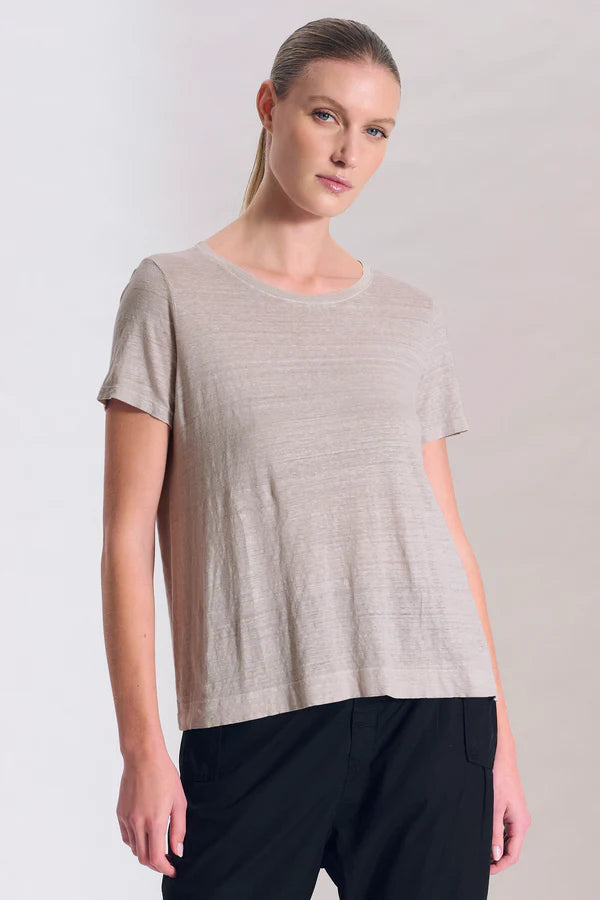 Linen jersey half-sleeve flared round-neck t-shirt
