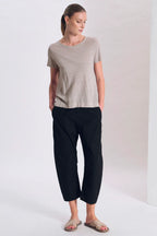 Linen jersey half-sleeve flared round-neck t-shirt