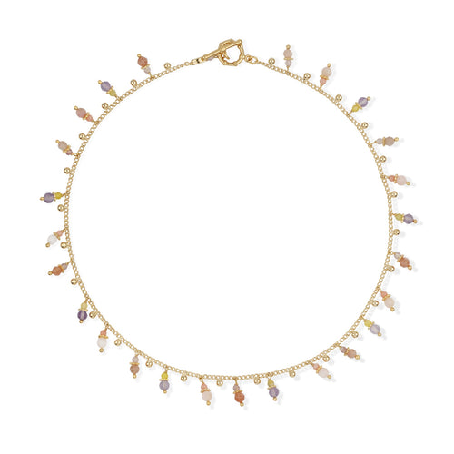 Gold necklace with colorful beads on a white background