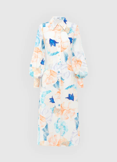 LEO LIN - Cecilia Linen Midi Dress Rosebud Print In Cream