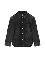 Black denim shirt with white buttons on a light gray background