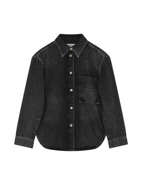 Black denim shirt with white buttons on a light gray background