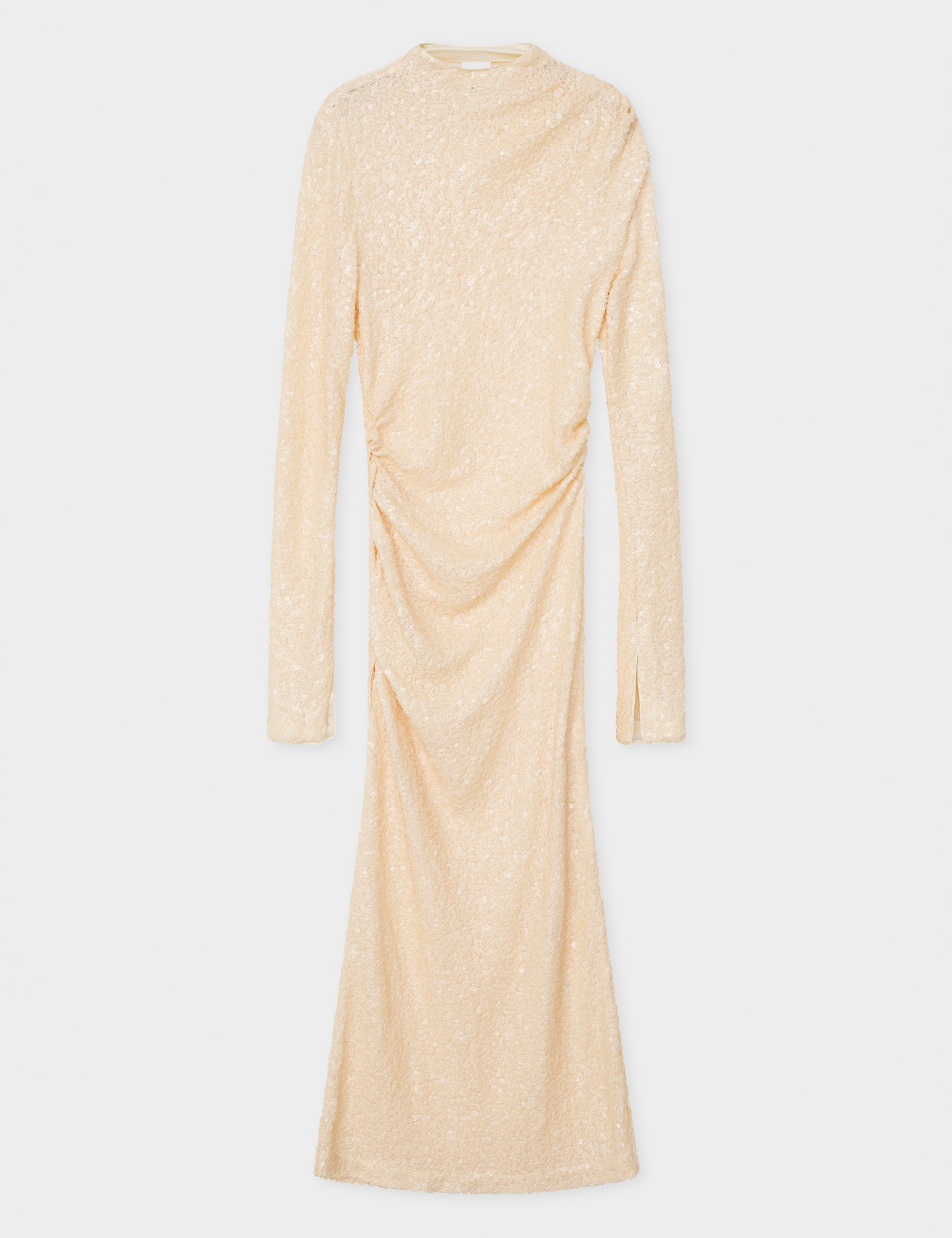 beige maxi dress with sequins and a high neck.