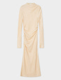 beige maxi dress with sequins and a high neck.