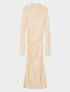beige maxi dress with sequins and a high neck.