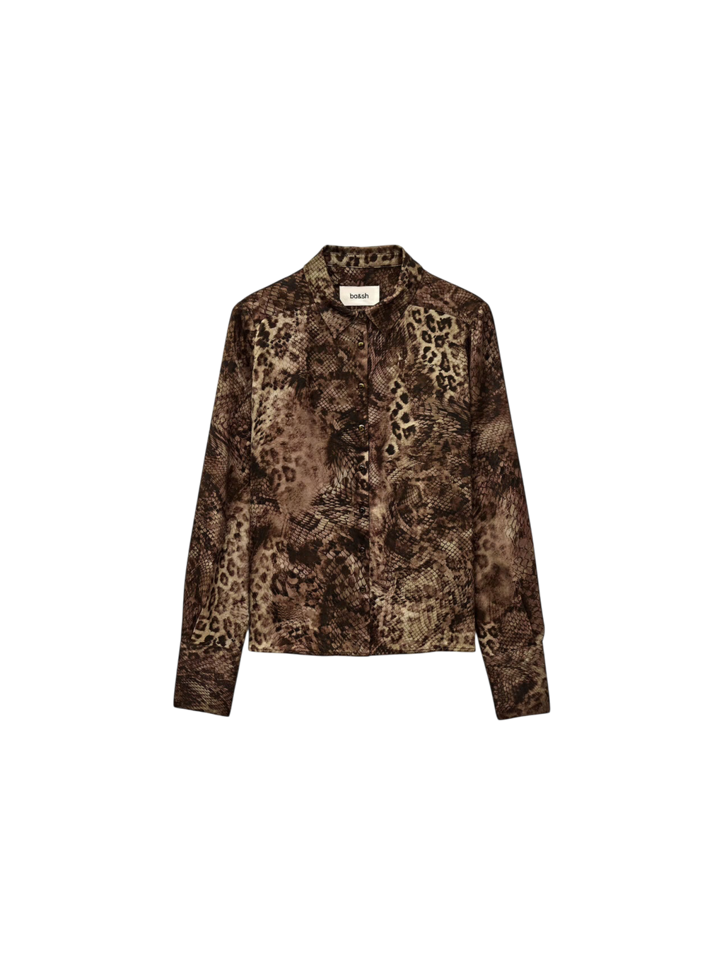 Long-sleeve shirt with a pattern on a white background.cornelia blouse ba&sh kahki green