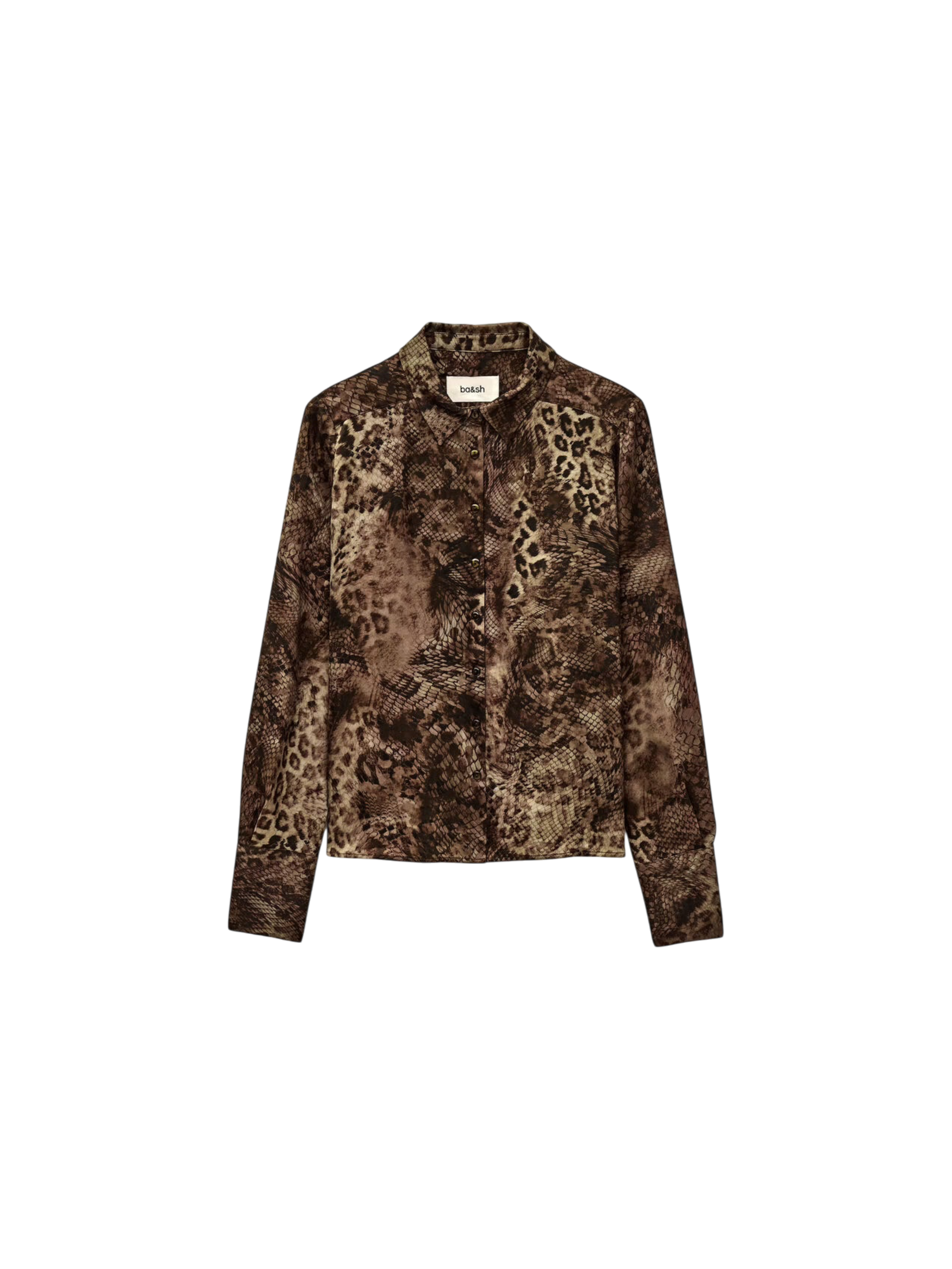 Long-sleeve shirt with a pattern on a white background.cornelia blouse ba&sh kahki green