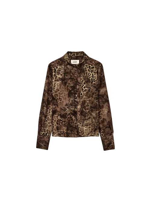 Long-sleeve shirt with a pattern on a white background.cornelia blouse ba&sh kahki green