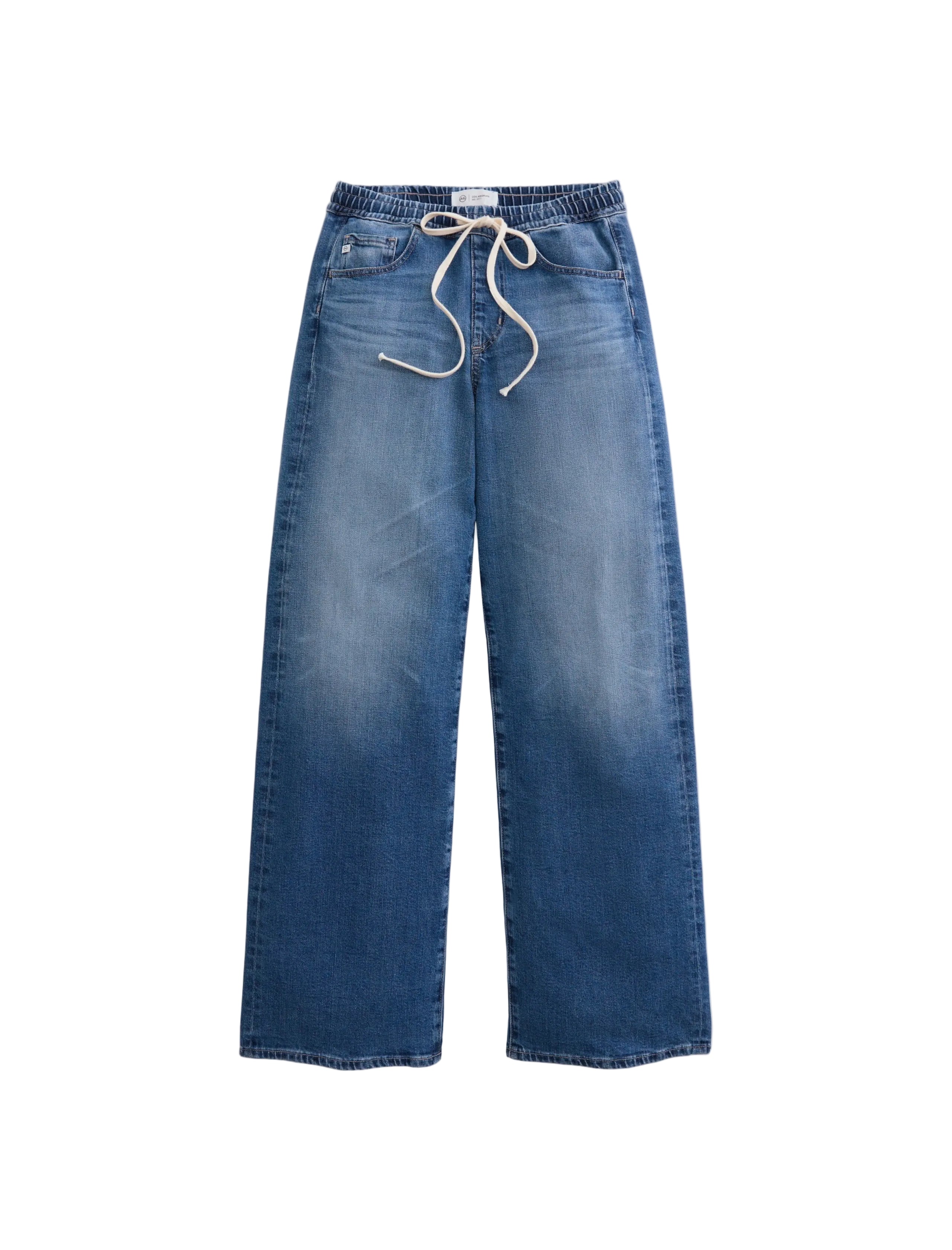 Adria cinched  ag jeans Blue jeans with a drawstring on a light gray background