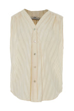 Beige sleeveless vest with button details on a white background