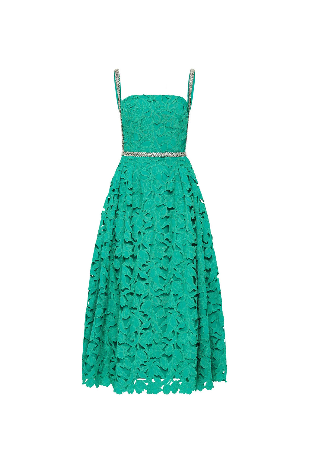 Rebecca Vallance eden midi Green lace dress with silver embellishments on a white background