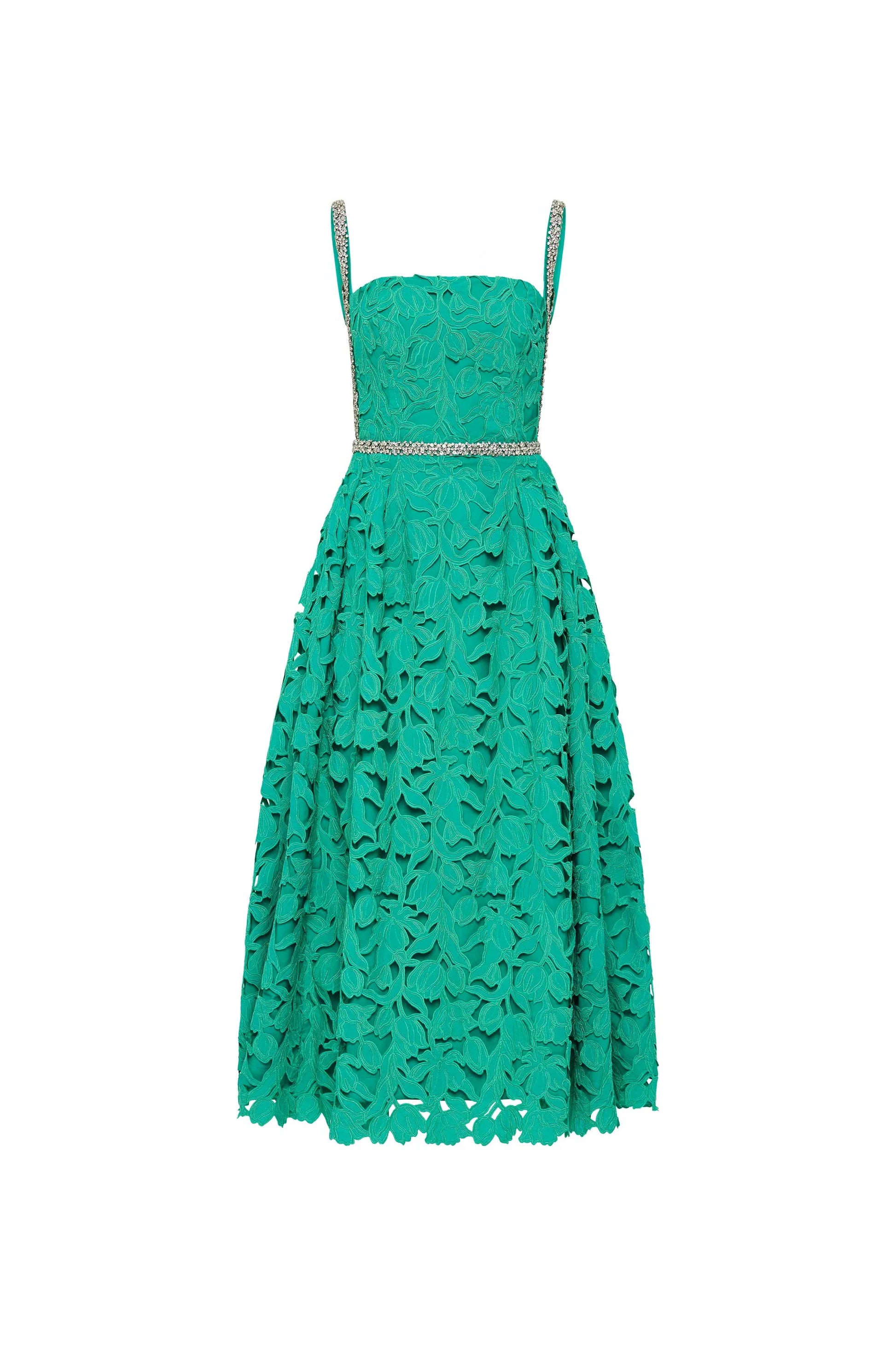 Rebecca Vallance eden midi Green lace dress with silver embellishments on a white background