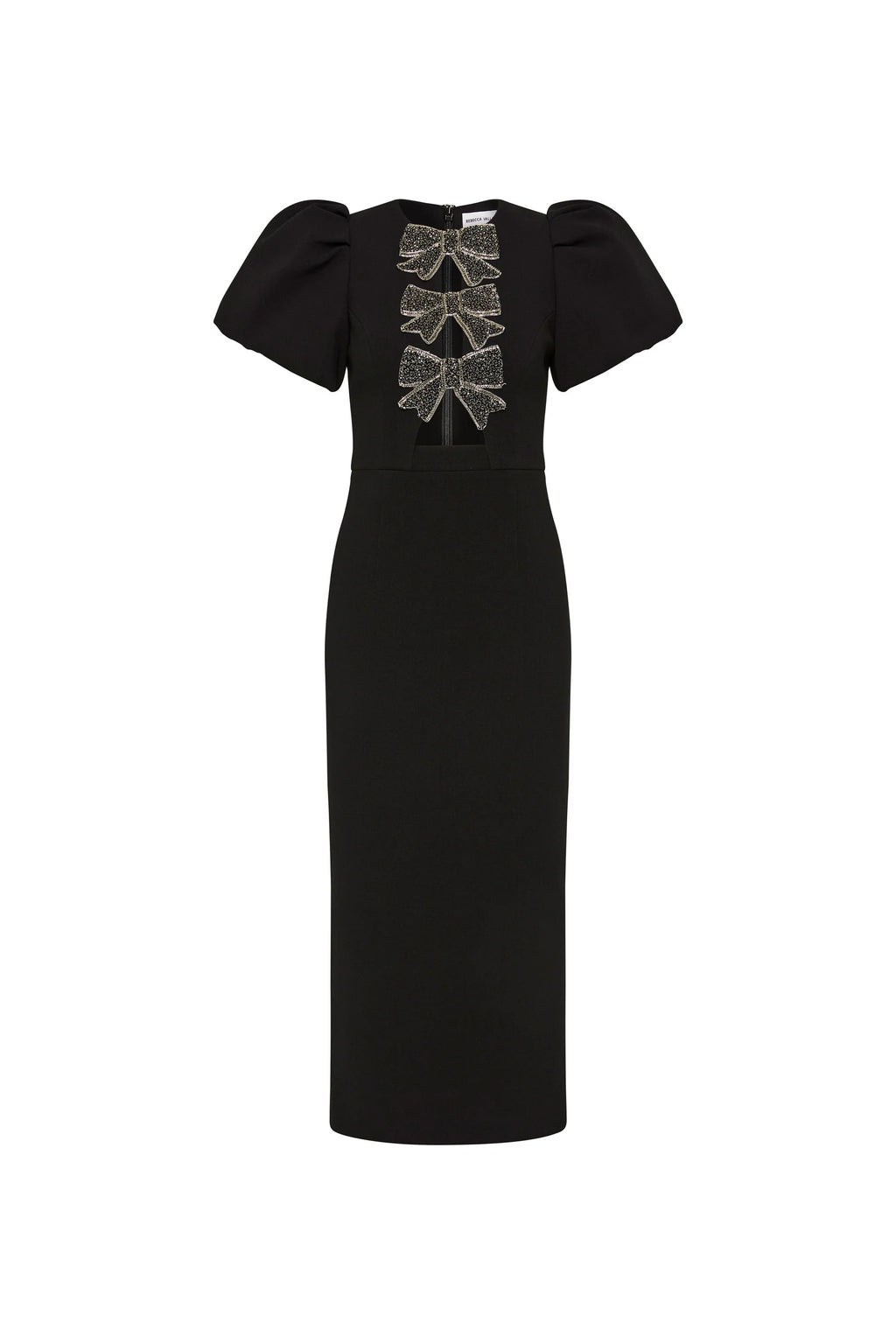 A Rebecca vallance black midi dress with puff sleeves, beaded bow embellishments, and a fitted bodice with front cutouts. It features a pencil skirt with a back split and a zip fastening at the back.
