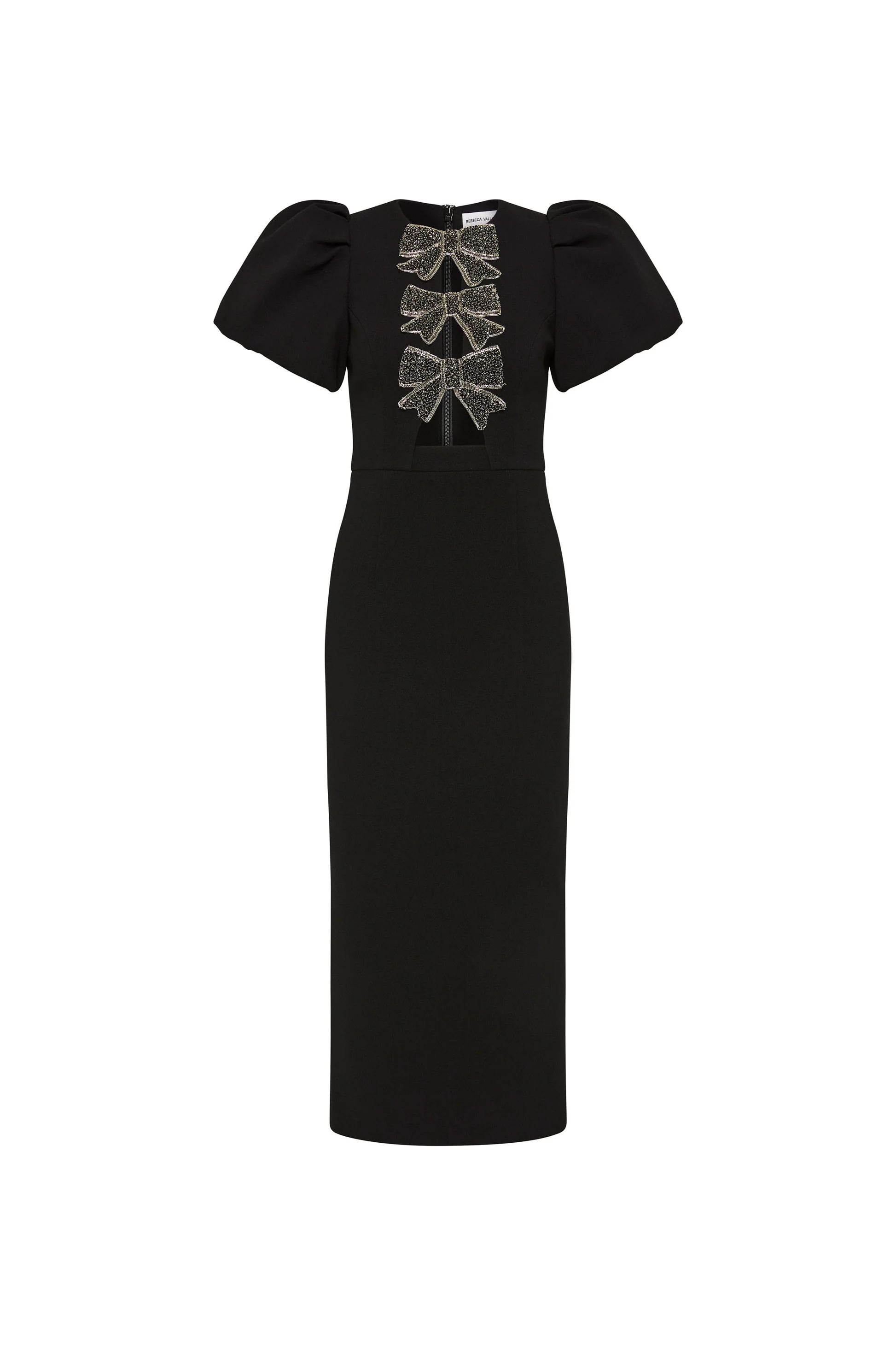 A Rebecca vallance black midi dress with puff sleeves, beaded bow embellishments, and a fitted bodice with front cutouts. It features a pencil skirt with a back split and a zip fastening at the back.