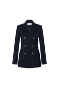 Navy blue blazer with gold buttons on a white background