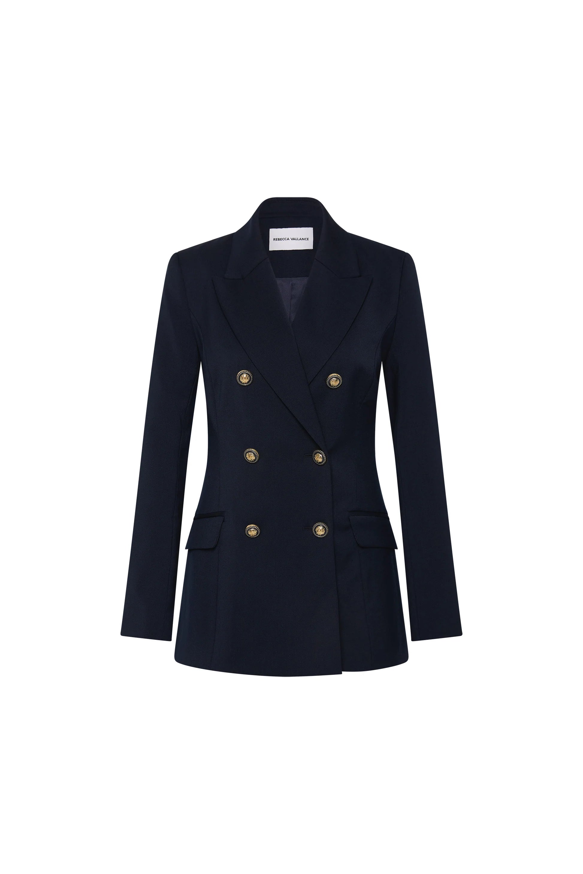 Navy blue blazer with gold buttons on a white background