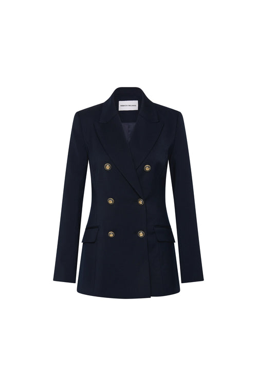 Navy blue blazer with gold buttons on a white background