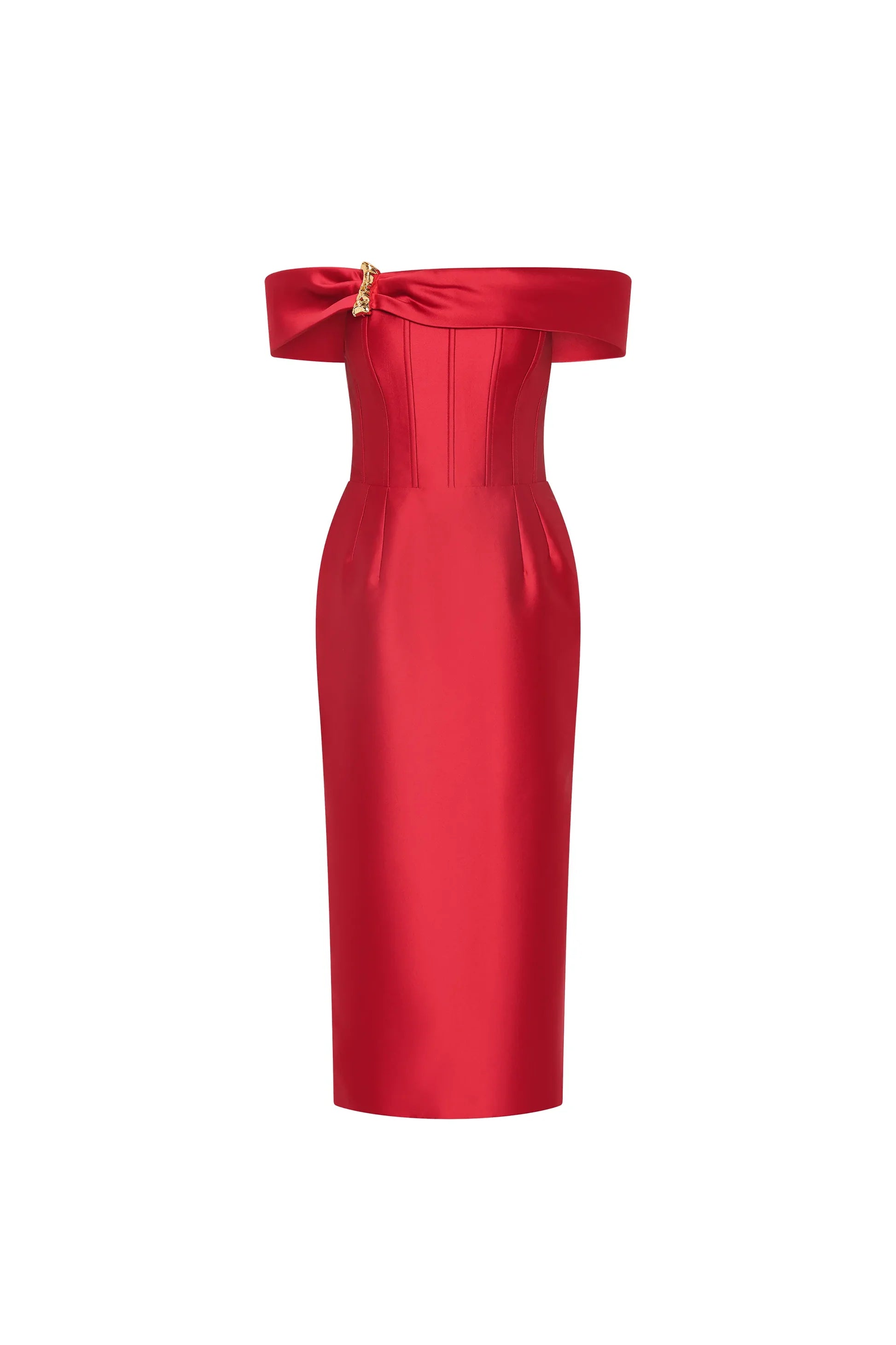 A bright red off-the-shoulder midi dress with a satin-like sheen, featuring a structured corset-style bodice and a decorative gold-tone bow detail at the neckline, shown against a plain white background.