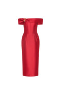 A bright red off-the-shoulder midi dress with a satin-like sheen, featuring a structured corset-style bodice and a decorative gold-tone bow detail at the neckline, shown against a plain white background.