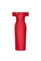 A bright red off-the-shoulder midi dress with a satin-like sheen, featuring a structured corset-style bodice and a decorative gold-tone bow detail at the neckline, shown against a plain white background.