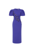 The Rebecca Vallance Evolet Puff Sleeve Midi Dress is captivating in a vibrant ultra marine blue, adorned with intricate floral embellishments. Tailored from bonded crepe, its crew neckline and voluminous short puff sleeves create a refined and elegant shape, complemented by a fitted bodice that flatters the figure. The pencil midi skirt creates an elegant silhouette, detailed with a back split for ease of movement. Secured with an invisible zip fastening at the back and lining for comfort, this dress is a 