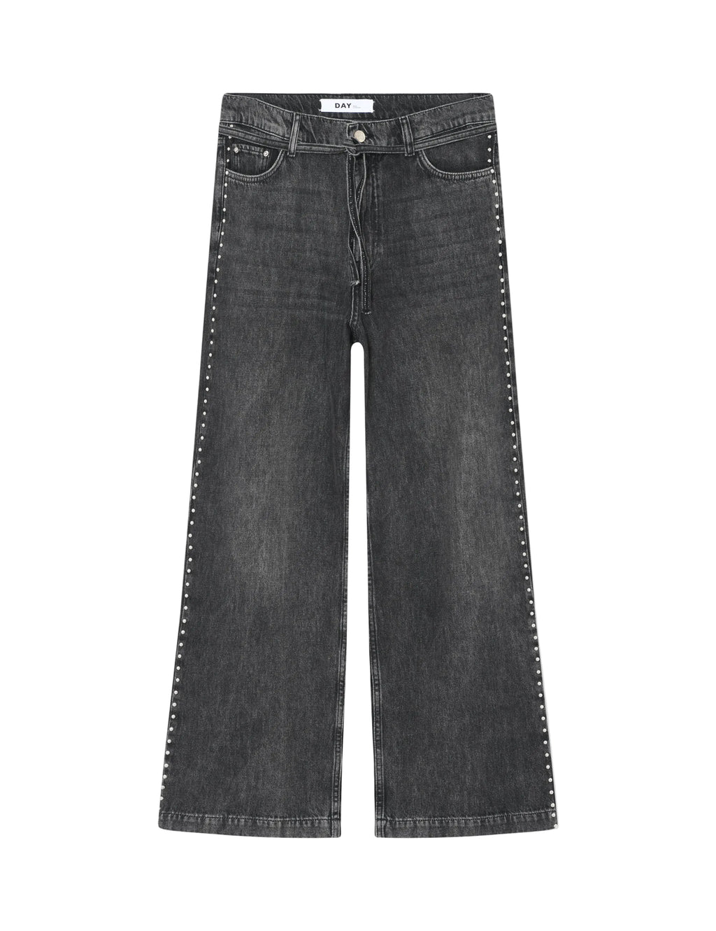 Black jeans with studded details on a white background