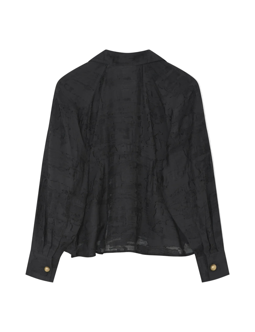 Black blouse with gold buttons on a white background