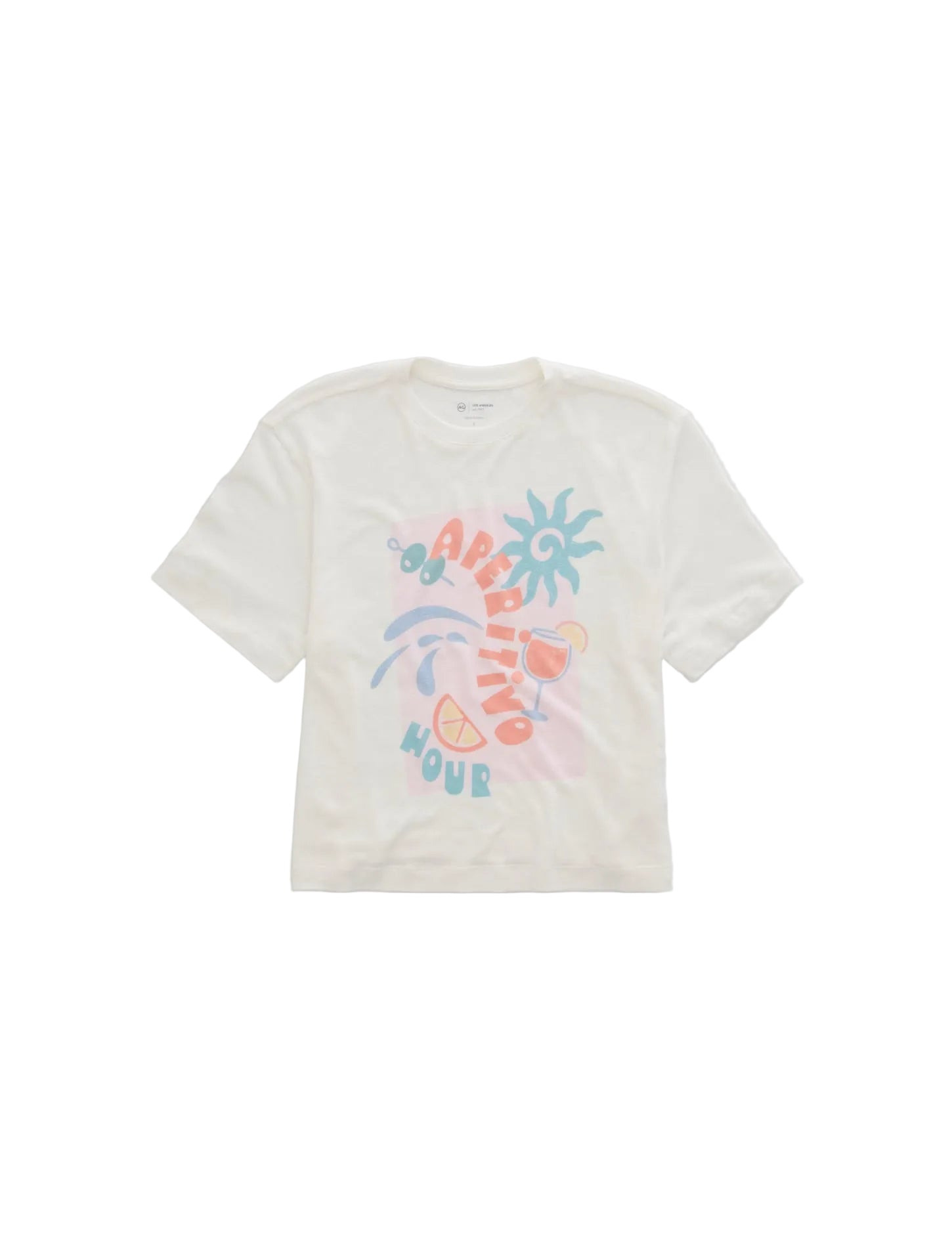 A white short-sleeve crewneck t-shirt featuring a colorful graphic print on the front with a sun, palm tree, and the words 'SUNNY VIBE'.