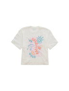 A white short-sleeve crewneck t-shirt featuring a colorful graphic print on the front with a sun, palm tree, and the words 'SUNNY VIBE'.